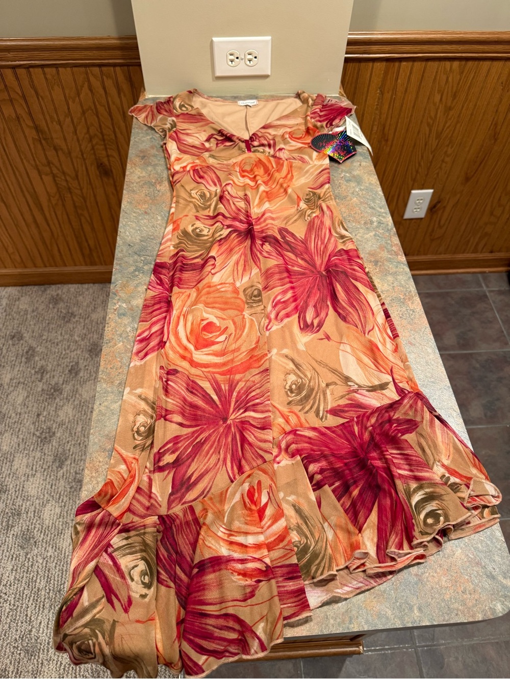 HeartSoul Peach Maxi Dress with Fuchsia Floral Print